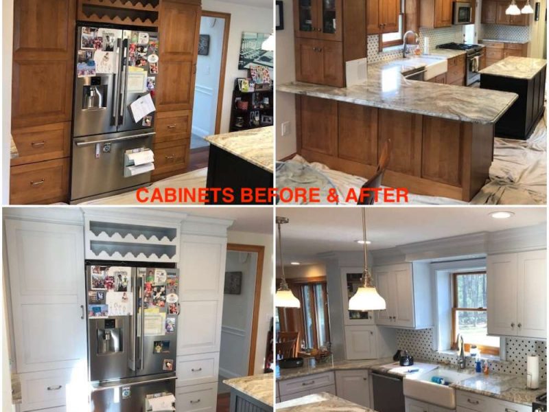 A before and after photo of a kitchen cabinet remodel in Pembroke, MA.