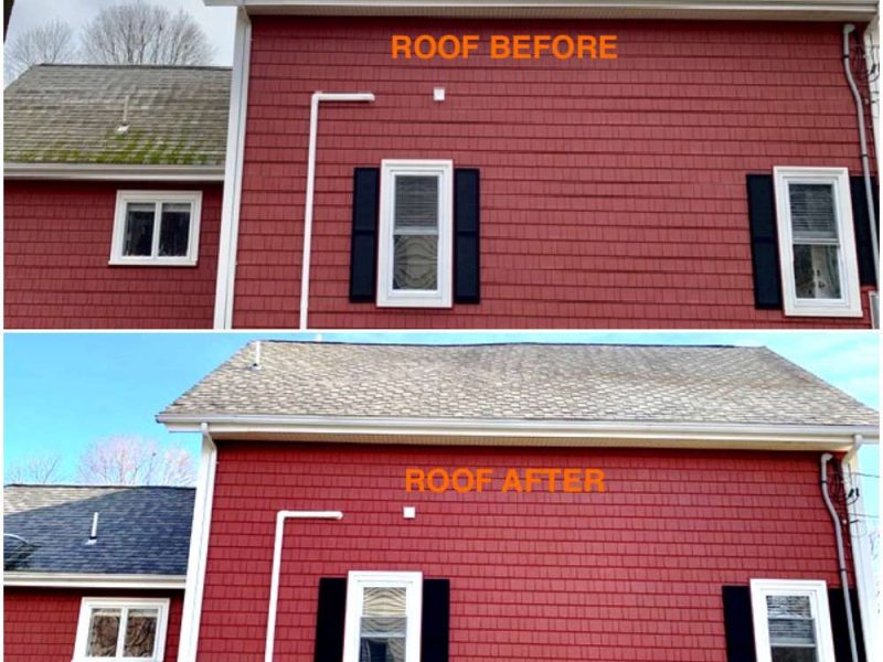 A photo of a Liberty Painting project before and after to show how effective power-washing can be at reviving the exterior a house.