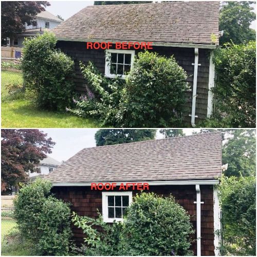 A photo of a Liberty Painting project before and after to show how effective power-washing can be at reviving the exterior of a home.