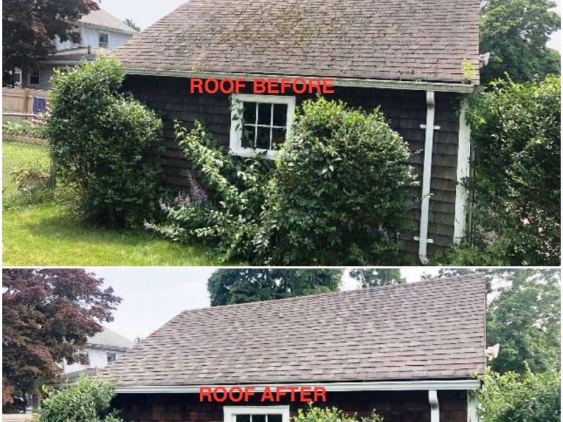 A photo of a Liberty Painting project before and after to show how effective power-washing can be at reviving the exterior of a home.