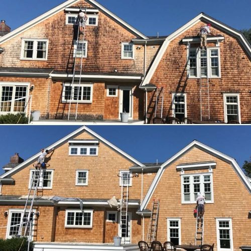 Two before and after photos of the Liberty Painting team power-washing the exterior of a home in Cohasset.