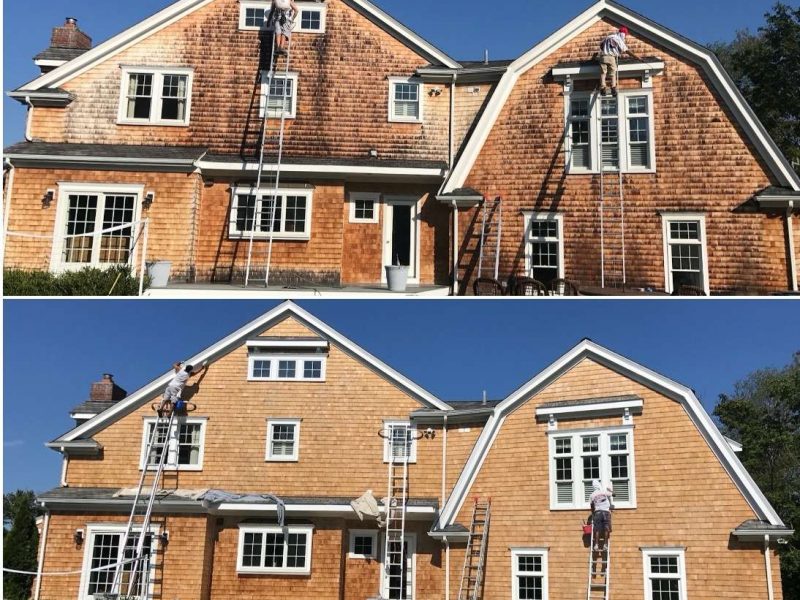 Two before and after photos of the Liberty Painting team power-washing the exterior of a home in Cohasset.