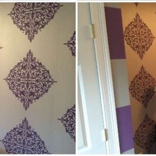 A home office, wall covering project, using purple and white pattern wallpaper.