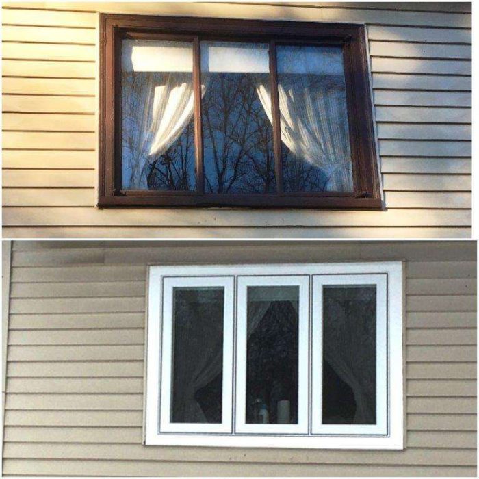 A before and after photo of a vinyl window replacement by Liberty Painting.