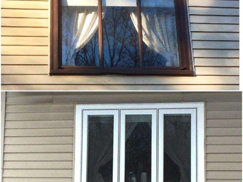 A before and after photo of a vinyl window replacement by Liberty Painting.