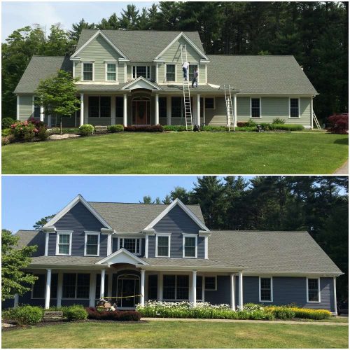 A before and after photo of a large colonial house professionally painted blue with white accents, painted by Liberty Painting and Siding.