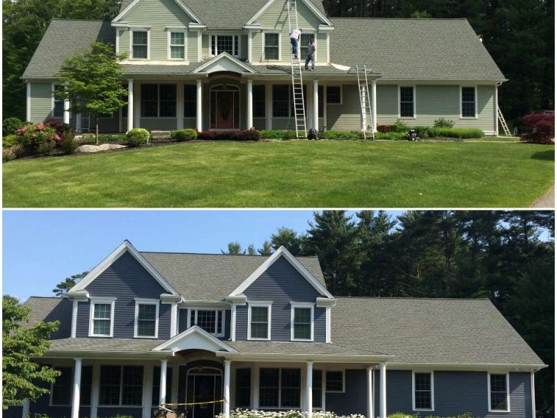 A before and after photo of a large colonial house professionally painted blue with white accents, painted by Liberty Painting and Siding.