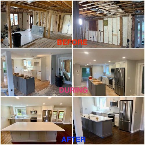 A before, during, and after photo of a complete kitchen remodel by Liberty Painting.