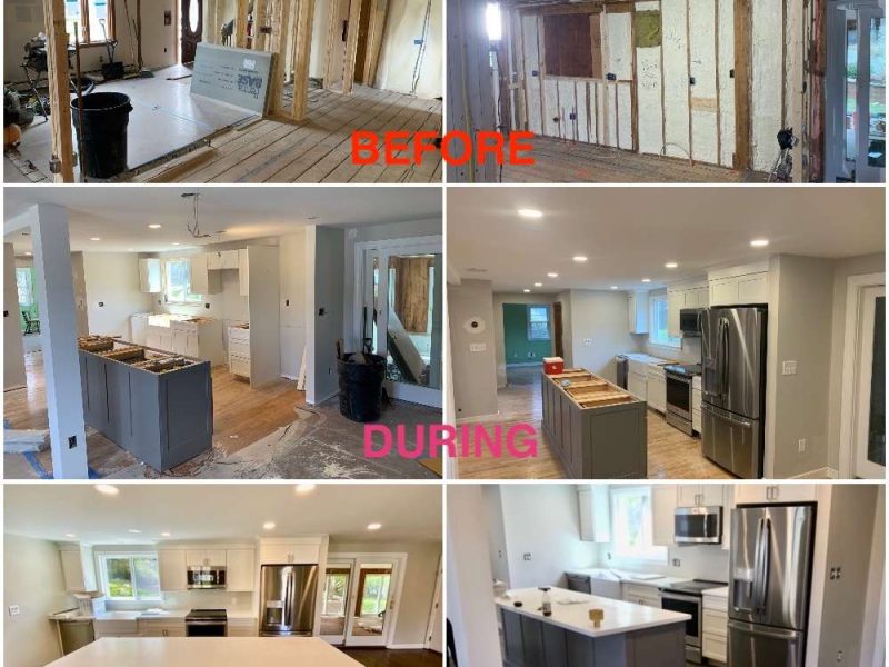 A before, during, and after photo of a complete kitchen remodel by Liberty Painting.