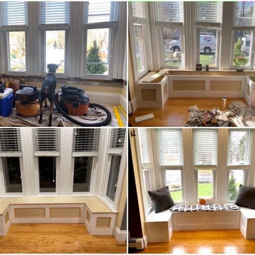 Four photos showing the carpentry process by Liberty Painting to build a window seat in a home in Holbrook, MA.