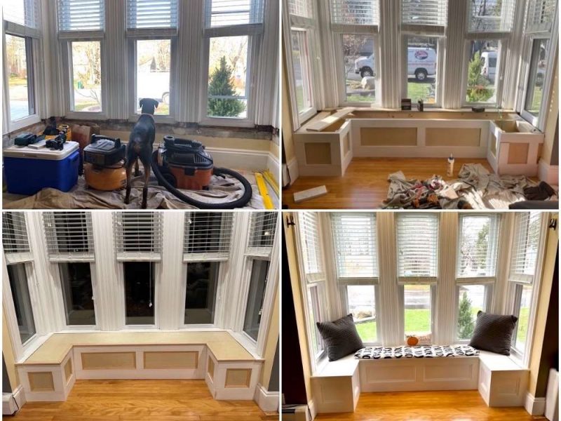 Four photos showing the carpentry process by Liberty Painting to build a window seat in a home in Holbrook, MA.