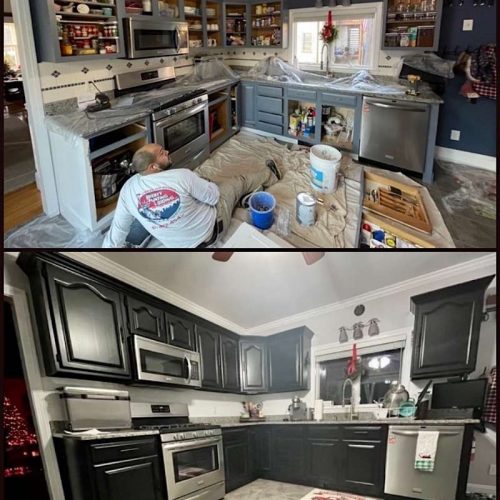 Before and after photo of a kitchen cabinet remodel in Holbrook, MA.