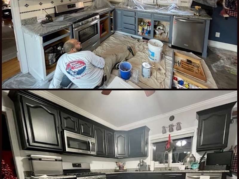 Before and after photo of a kitchen cabinet remodel in Holbrook, MA.