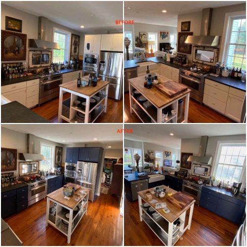 Before and after photo of a kitchen cabinet remodel in Scituate, MA. From boring white cabinets to a deep navy color.