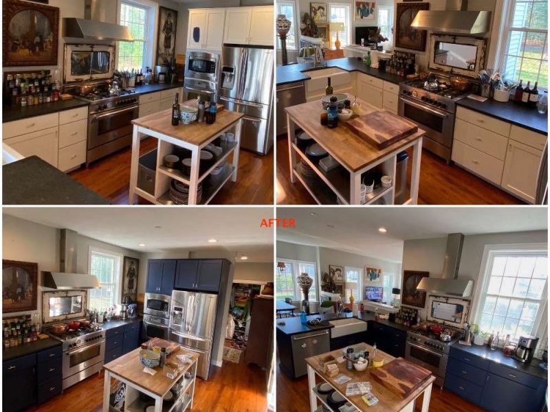 Before and after photo of a kitchen cabinet remodel in Scituate, MA. From boring white cabinets to a deep navy color.