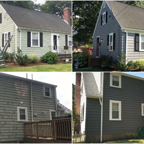 Before and after photos of a home in Weymouth that had its exterior updated and repainted.