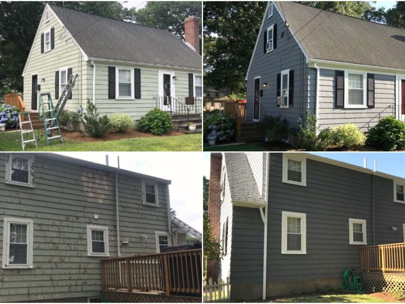 Before and after photos of a home in Weymouth that had its exterior updated and repainted.