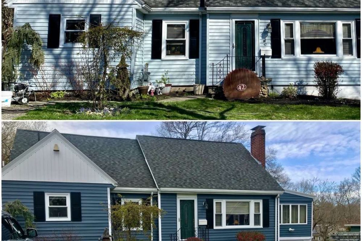 Before and after photos of a home in Whitman that had its exterior updated and repainted.