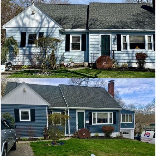 Before and after photos of a home in Whitman that had its exterior updated and repainted.