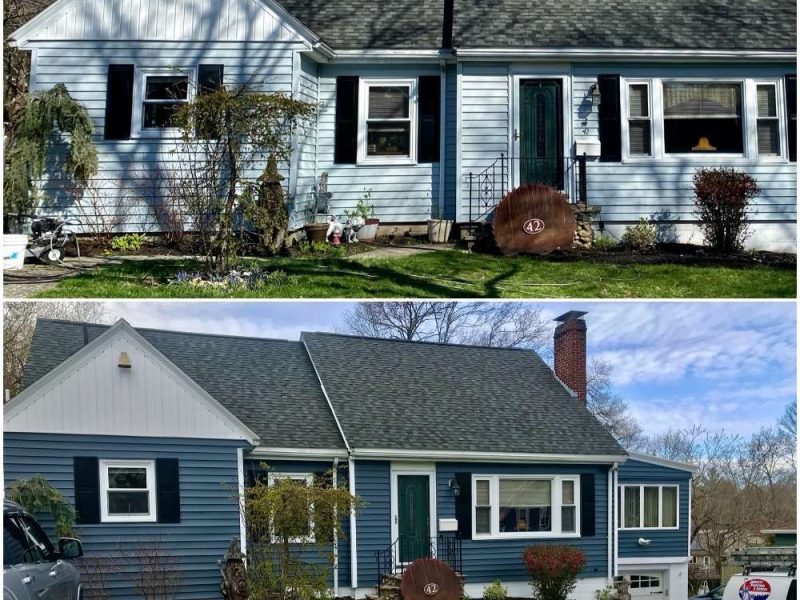 Before and after photos of a home in Whitman that had its exterior updated and repainted.