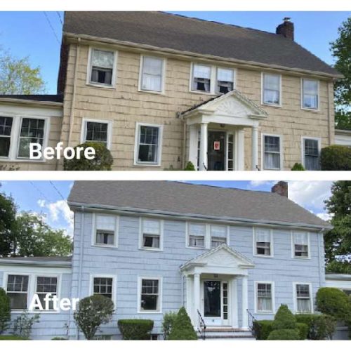 Before and after photos of a house in Weymouth and the exterior painting done by Liberty Painting