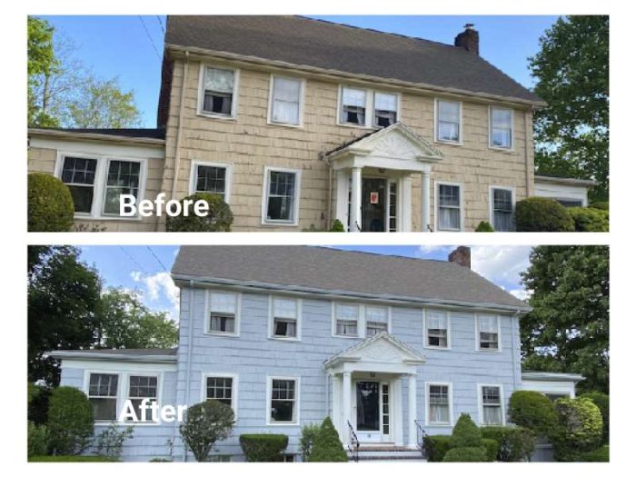 Before and after photos of a house in Weymouth and the exterior painting done by Liberty Painting