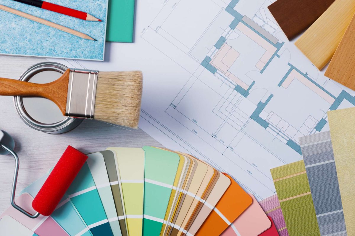 paint brush and color swatches, blueprint, colorful, paint finish