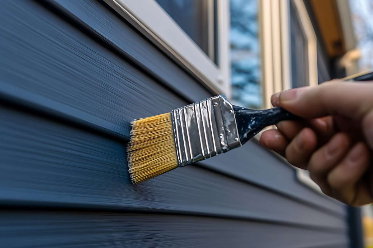 a close up of someone painting the exterior of a home with blue paint