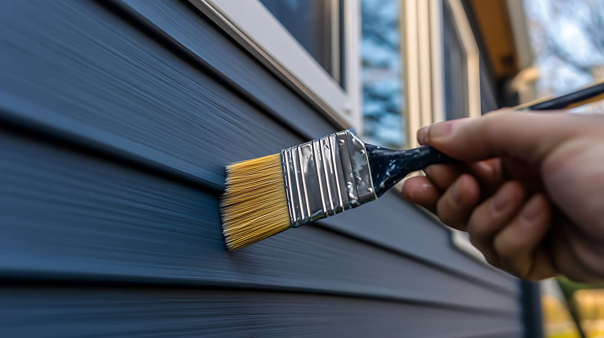 a close up of someone painting the exterior of a home with blue paint